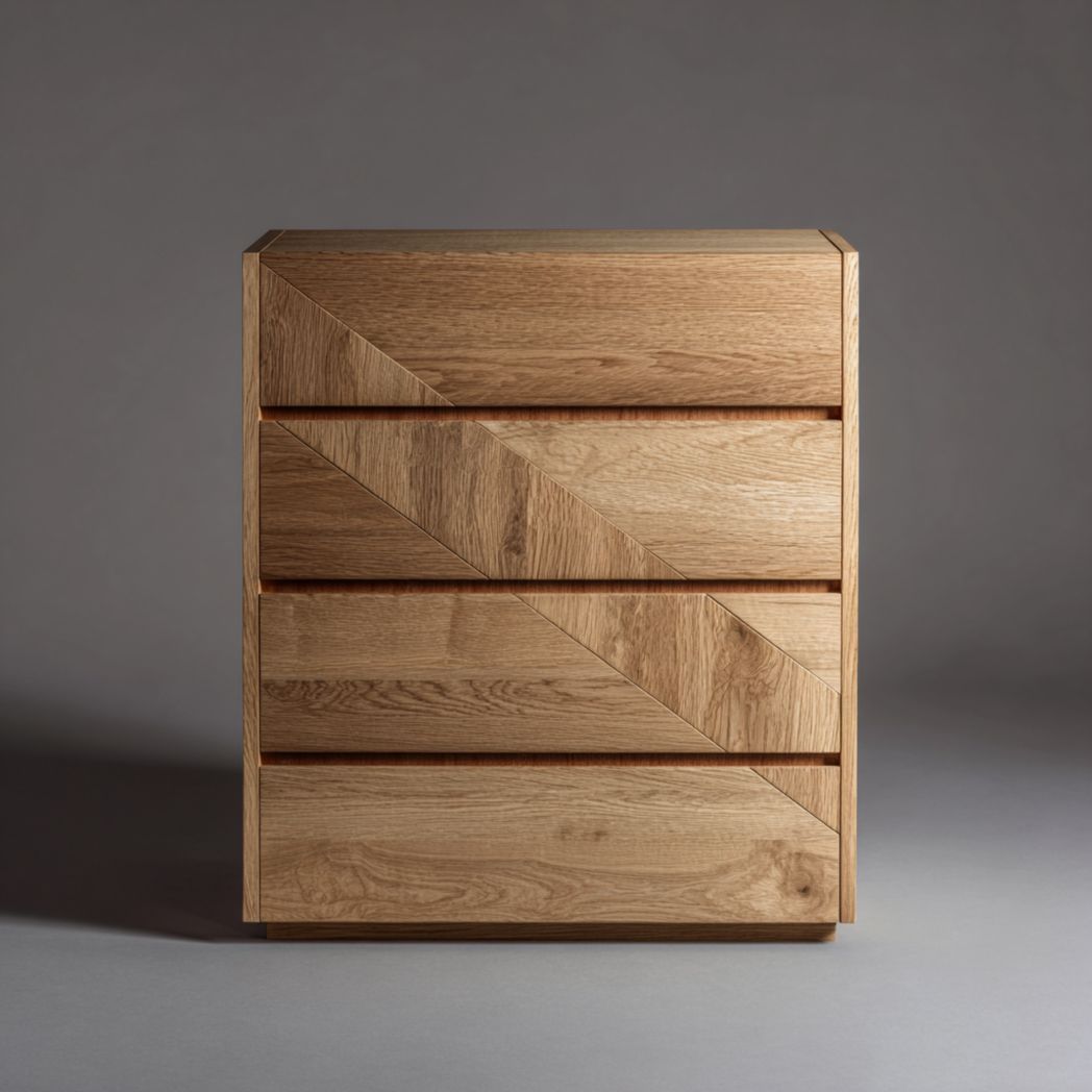 Commode en chêne massif à quatre tiroirs avec design géométrique