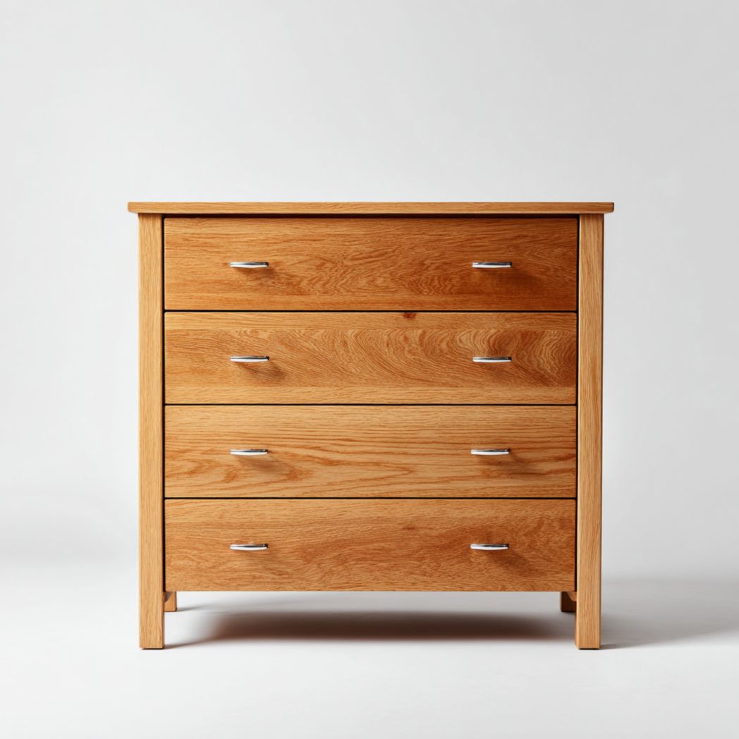 Commode en chêne massif à quatre tiroirs avec design géométrique