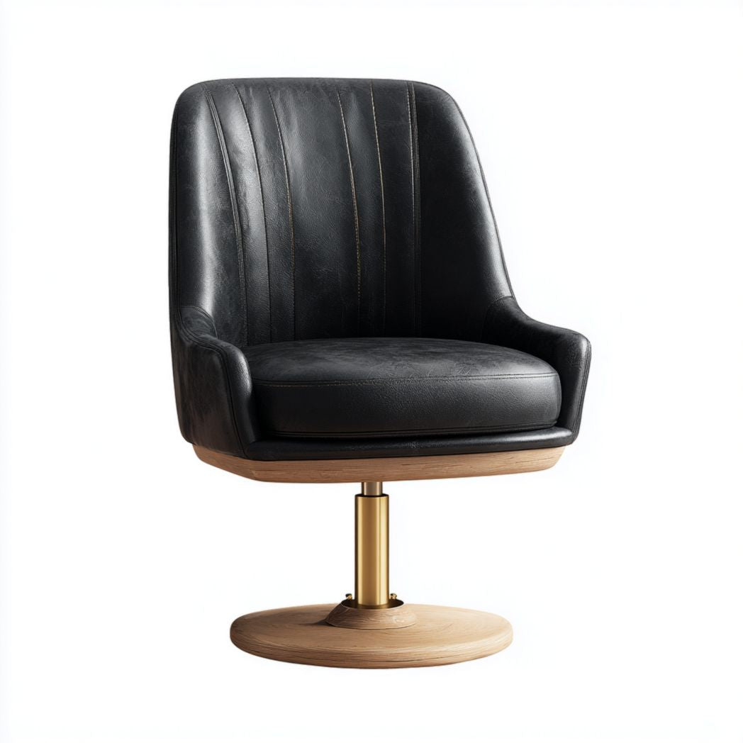 Fauteuil pivotant en simili cuir noir avec base ronde en bois et métal doré