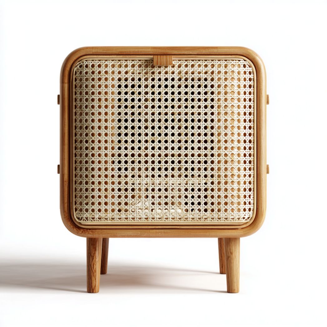 Table de chevet en bois de chêne avec porte en rotin tressé