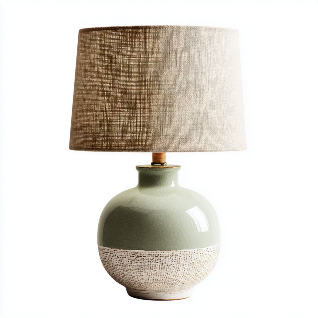 Lampe de table en céramique verte et beige avec abat-jour en tissu