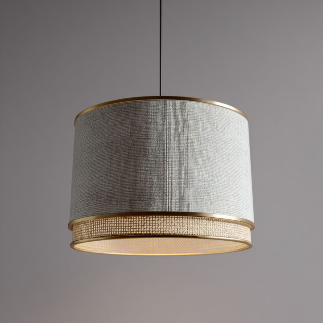 Suspension cylindrique en tissu gris et métal doré