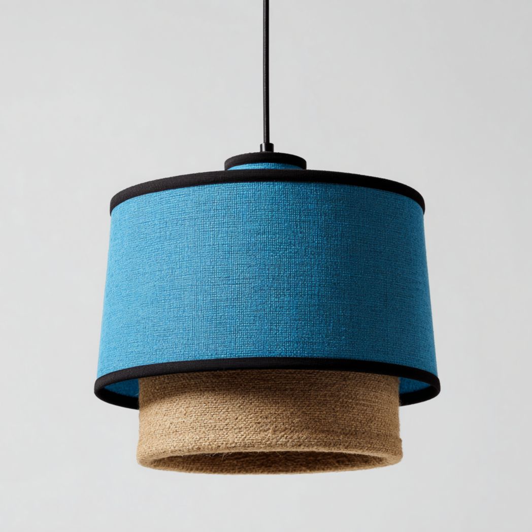 Suspension cylindrique en tissu bleu et jute naturel