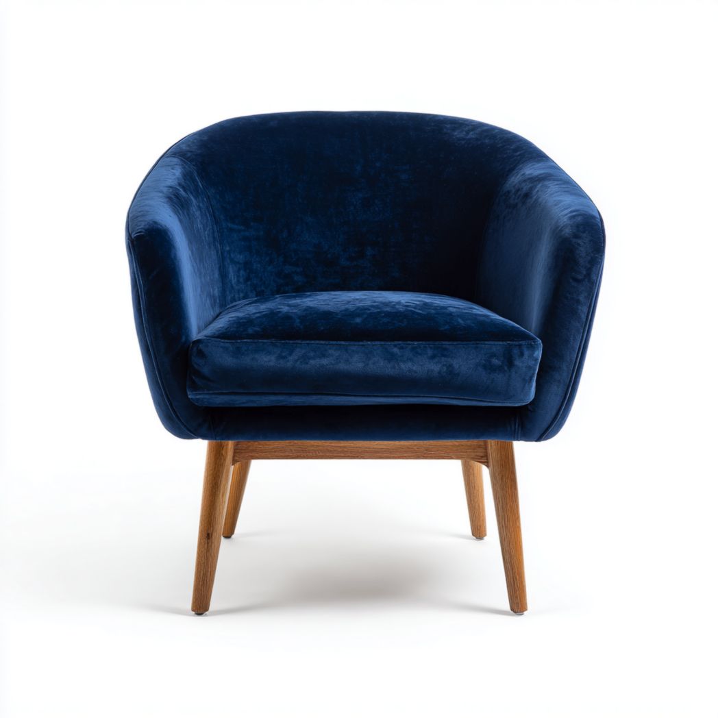 Fauteuil en velours bleu foncé avec pieds en bois