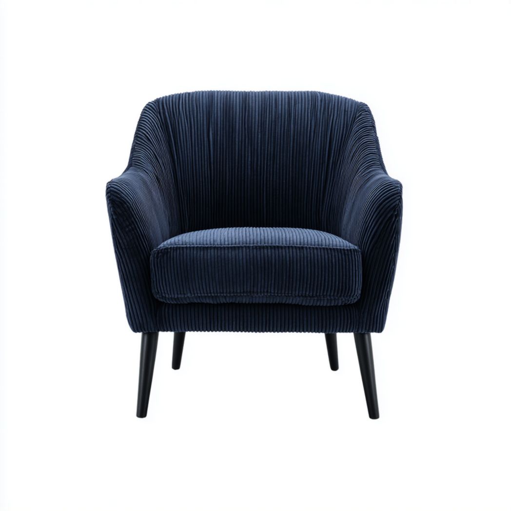 Fauteuil en velours côtelé bleu marine avec pieds en bois noirs