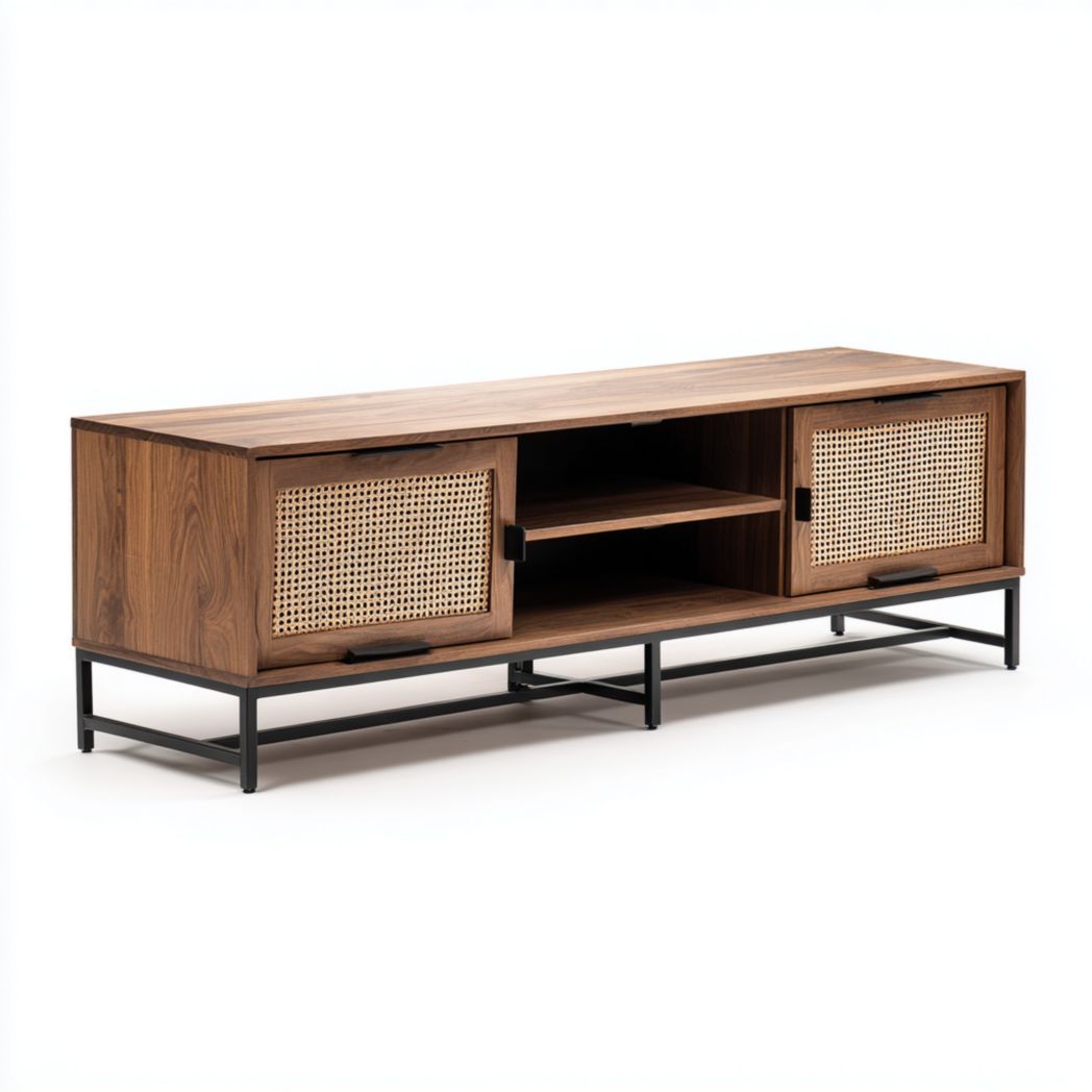 Meuble TV bas en bois de noyer et métal avec portes en cannage