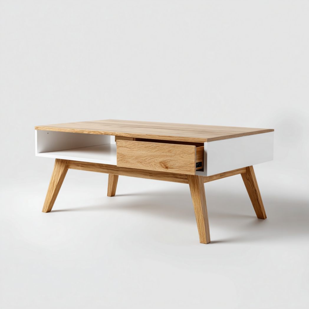 Table basse rectangulaire en chêne et MDF blanc avec tiroir intégré
